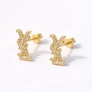 Gold Crystal Logo Stud Earrings | Designer-Inspired | Chic Sparkle
